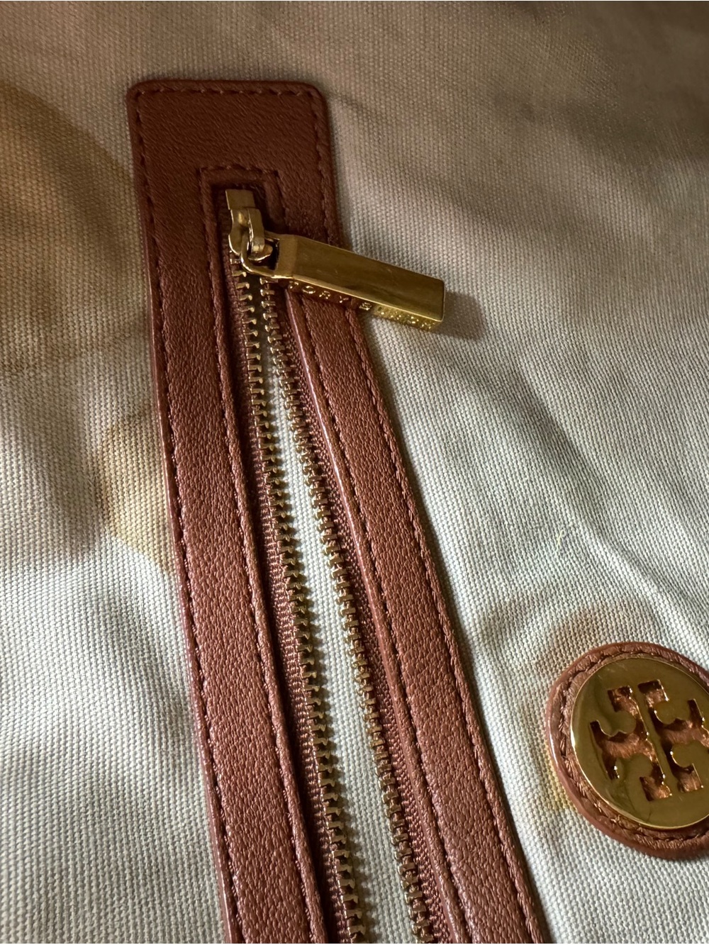Tory Burch Tan Canvas Tote with Blue Stripe and White Rope Handles - Picture 16 of 16